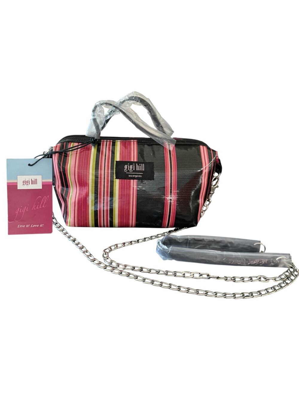 Gigi Hill Los Angeles Purse Small Satchel Striped Patent Cross Body Chain Strap